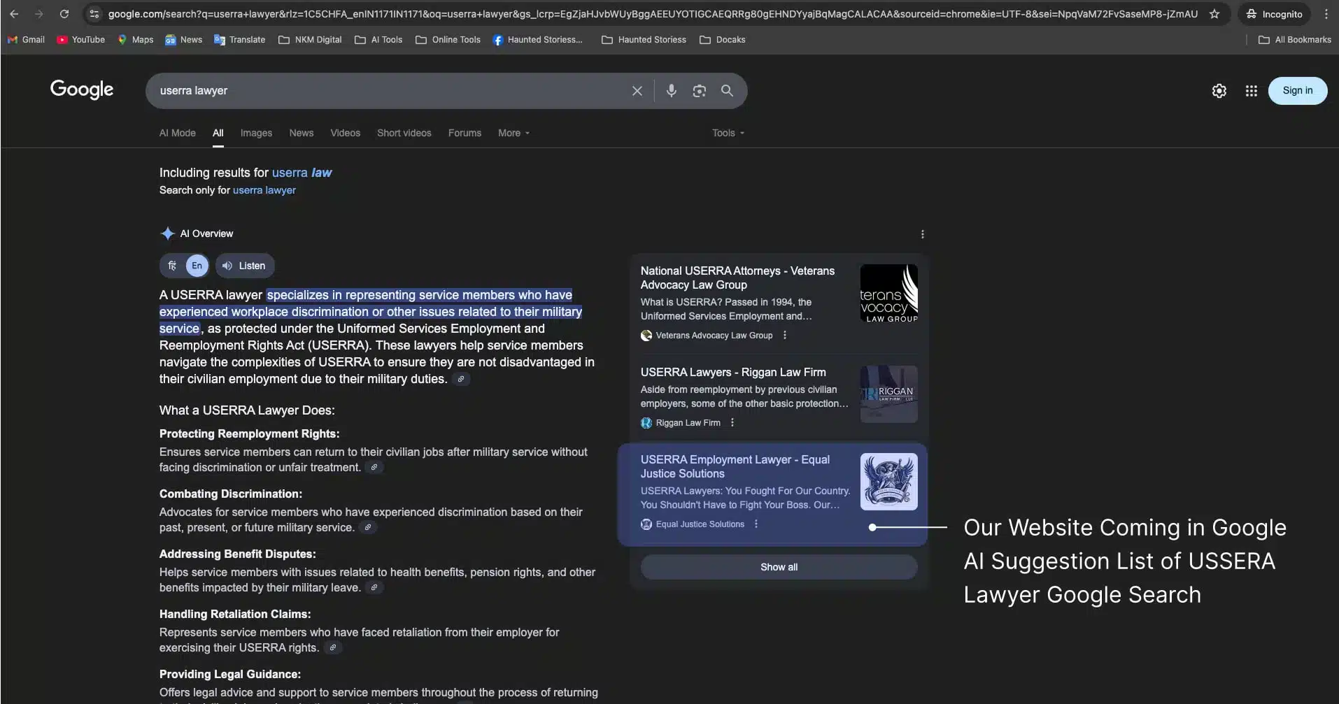 Equal Justice Solution Website Ranking in Google AI Overview