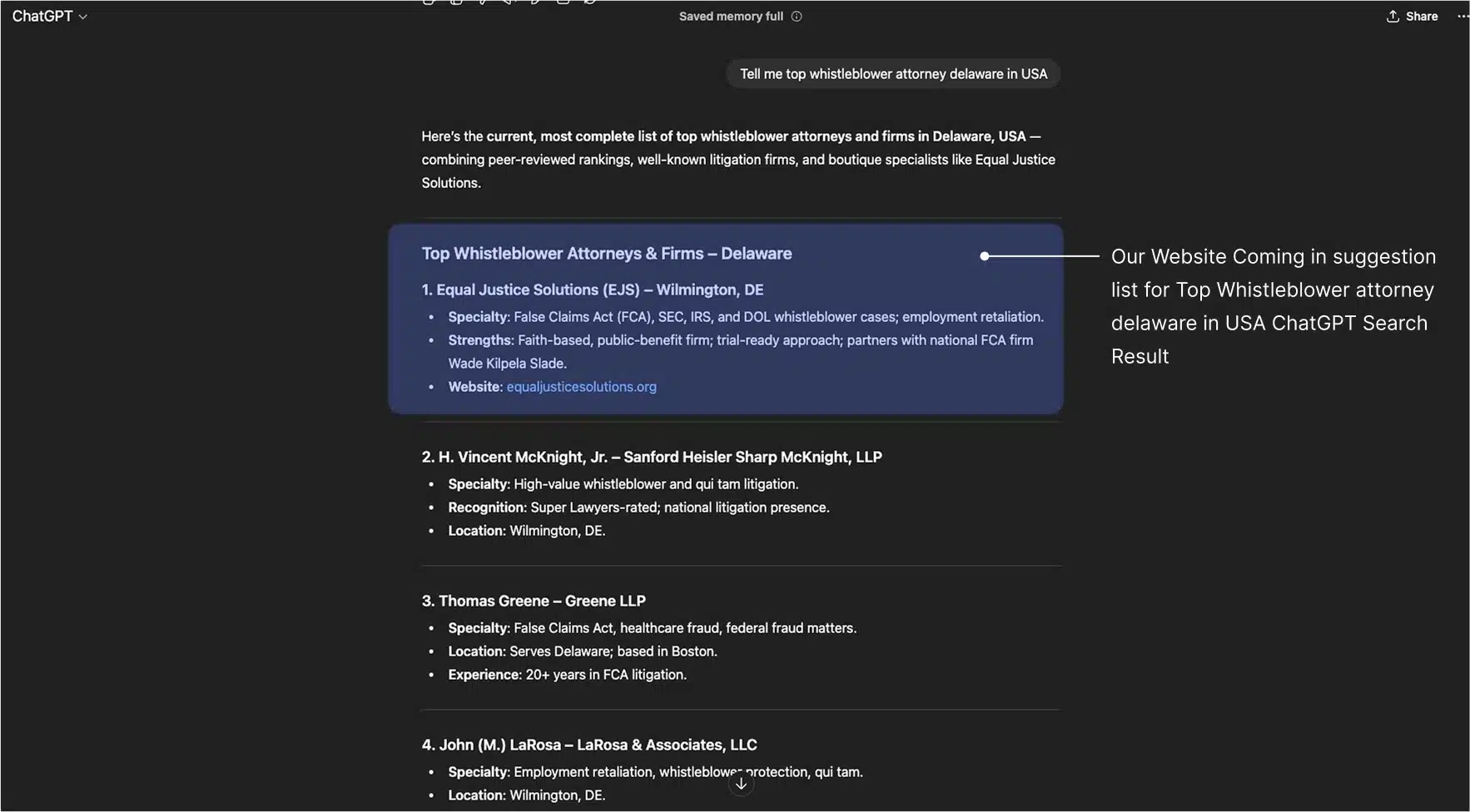 Equal Justice Solutions Website showing in Chat GPT