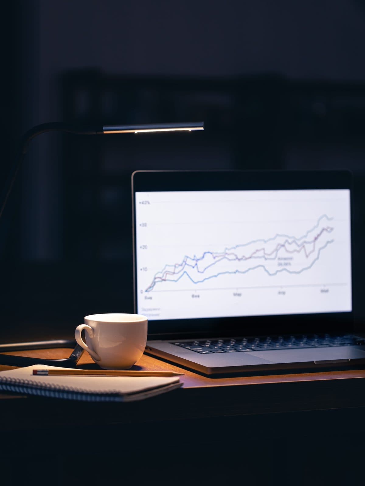Laptop in a dark room displaying rising search performance graphs
