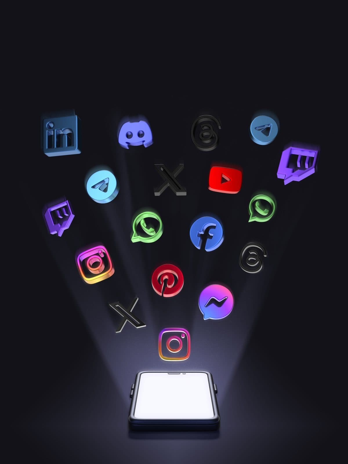 Social media app icons rising from a smartphone screen