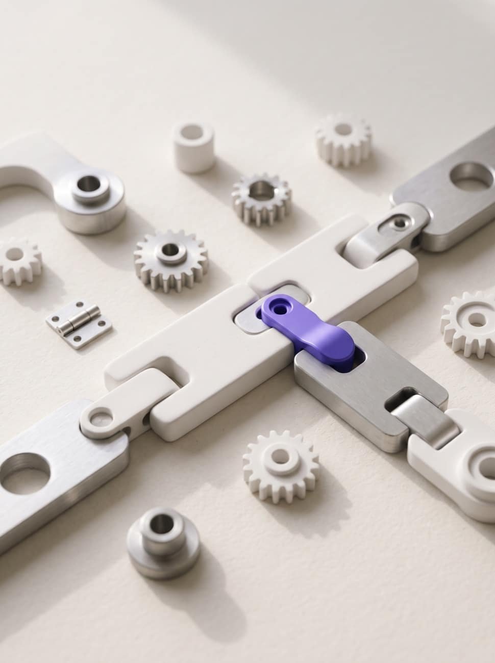 Precision-engineered parts joined by a custom violet latch