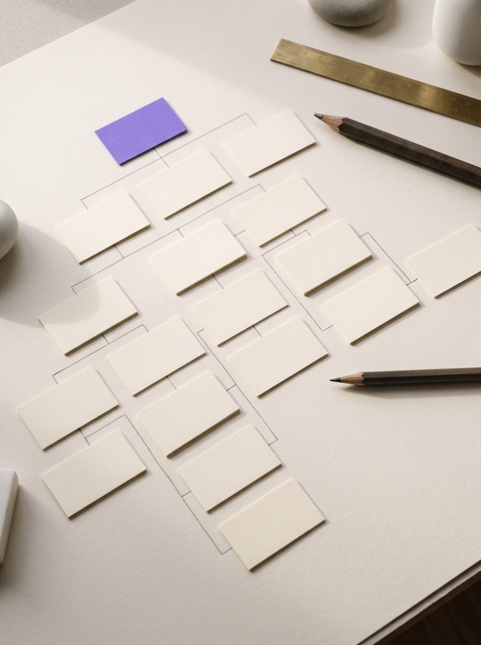 Paper cards laid out as a website sitemap, with one violet card marking the start of the user journey